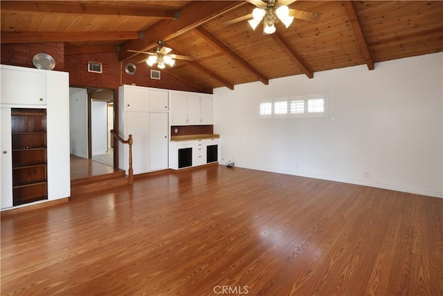 unfurnished living room featuring ceiling fan, lofted ceiling with beams, wood finished floors, and visible vents