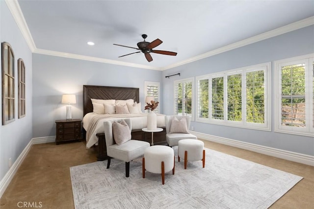 bedroom with recessed lighting, carpet floors, a ceiling fan, baseboards, and crown molding