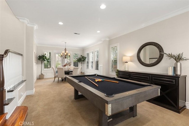 game room with recessed lighting, light carpet, visible vents, baseboards, and ornamental molding