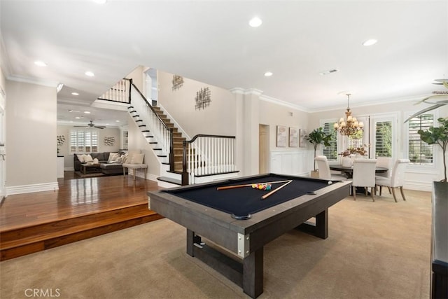 recreation room with pool table, ornamental molding, light colored carpet, and recessed lighting