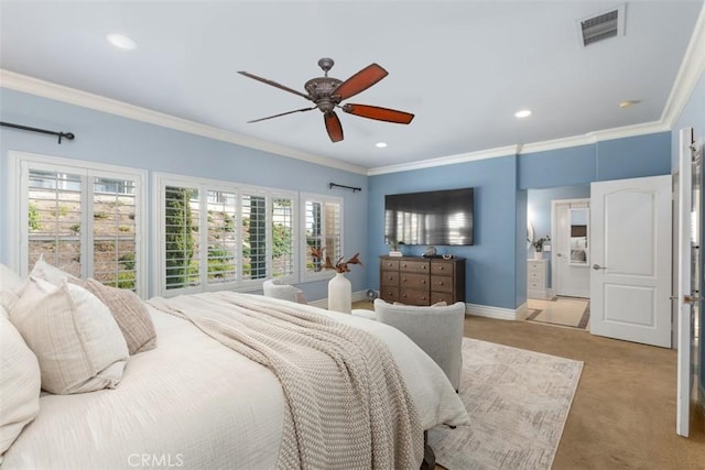 bedroom featuring light carpet, baseboards, visible vents, and crown molding