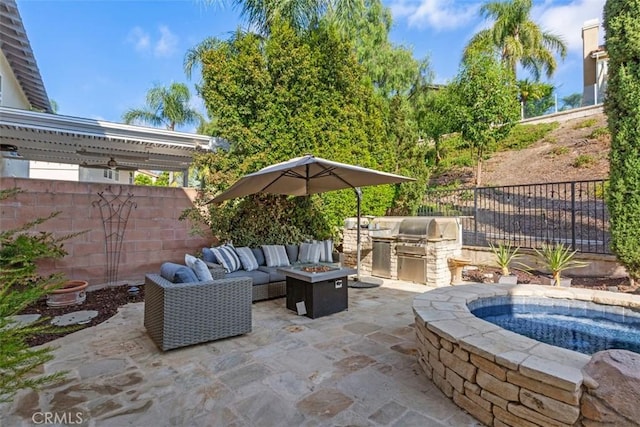 view of patio featuring an outdoor fire pit, a fenced backyard, a grill, and area for grilling