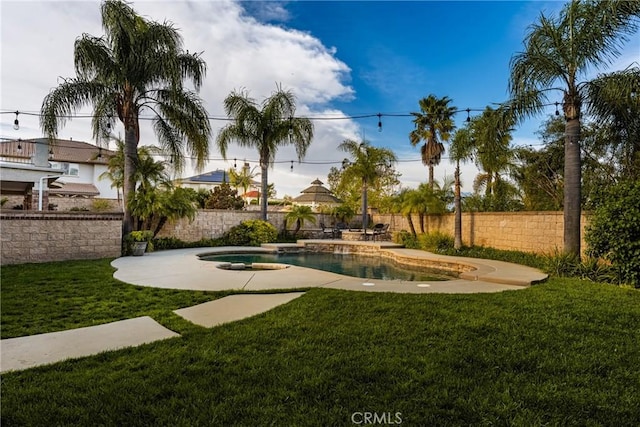 view of property's community featuring a yard, a patio area, a fenced backyard, and a pool