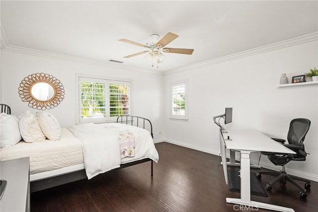 bedroom with ornamental molding, dark wood finished floors, baseboards, and a ceiling fan