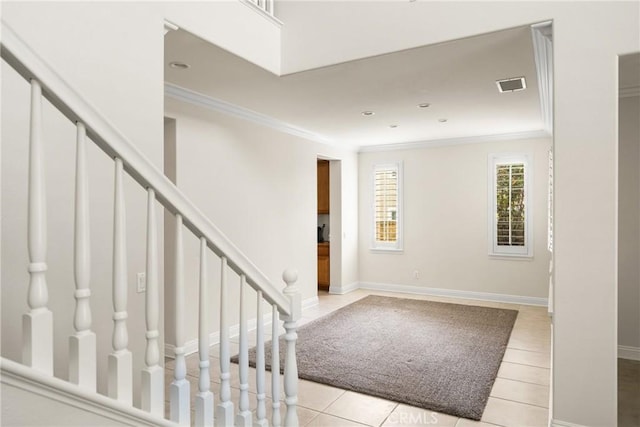 5444 Pine Ave, Chino Hills, CA 91709 - entrance foyer with ornamental molding, light tile patterned floors, stairs, baseboards, and recessed lighting