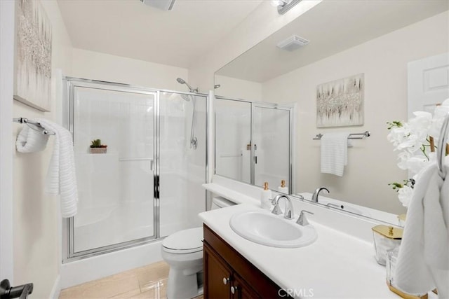 full bath with a stall shower, visible vents, vanity, and toilet