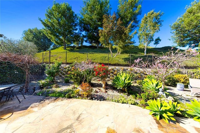 view of patio / terrace with a fenced backyard and a mountain view