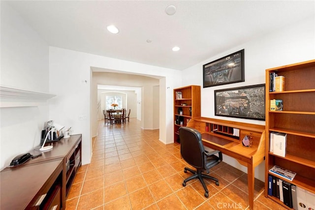 home office with recessed lighting and light tile patterned floors