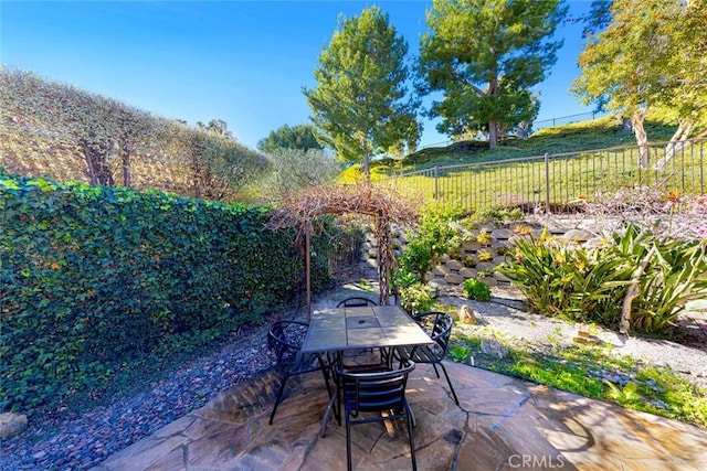 view of patio featuring outdoor dining space and a fenced backyard