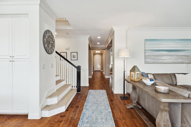 foyer entrance featuring dark wood-style floors, recessed lighting, stairway, and baseboards