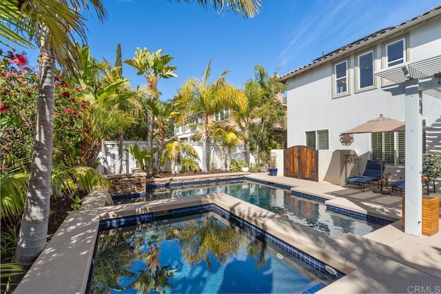 view of swimming pool featuring a fenced in pool, a patio area, a fenced backyard, and an in ground hot tub