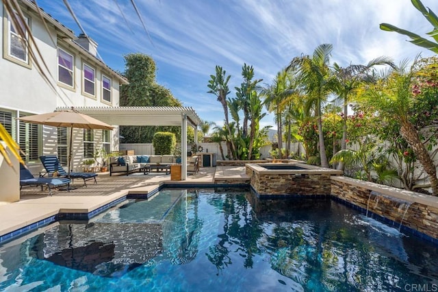 view of swimming pool with a fenced backyard, an outdoor hangout area, an in ground hot tub, a pergola, and a patio area