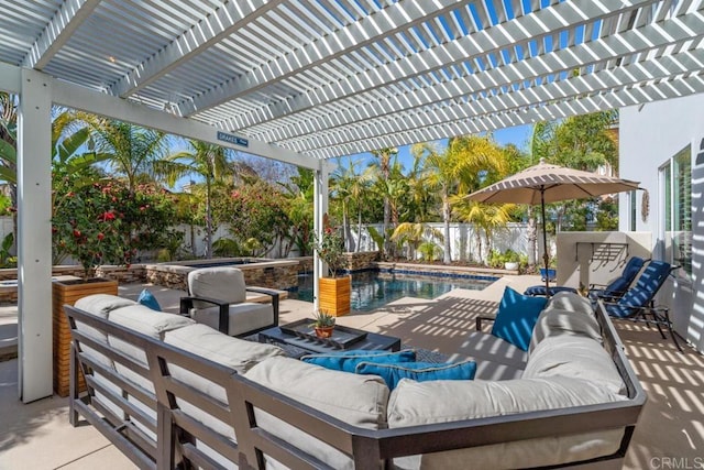 view of patio featuring a fenced backyard and an outdoor living space