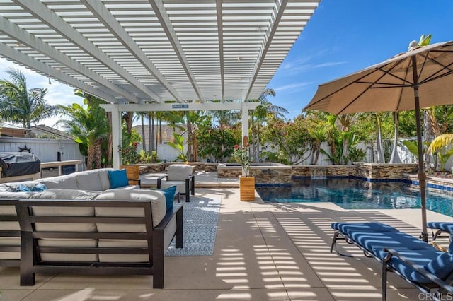 view of patio / terrace with grilling area, a fenced backyard, an outdoor living space, and a fenced in pool