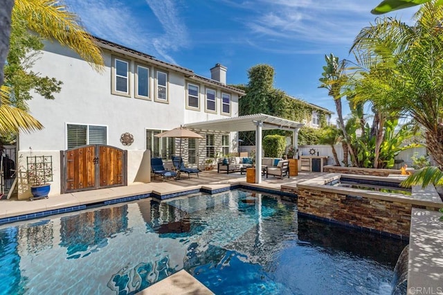 view of pool featuring a patio, fence, a fenced in pool, and a pergola