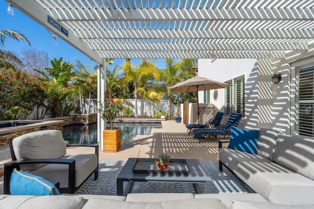 view of patio with a fenced in pool, outdoor lounge area, a fenced backyard, and a pergola