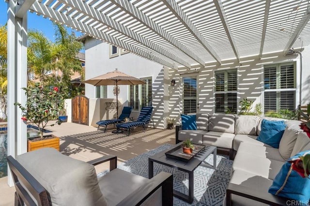 view of patio / terrace featuring an outdoor living space and a pergola