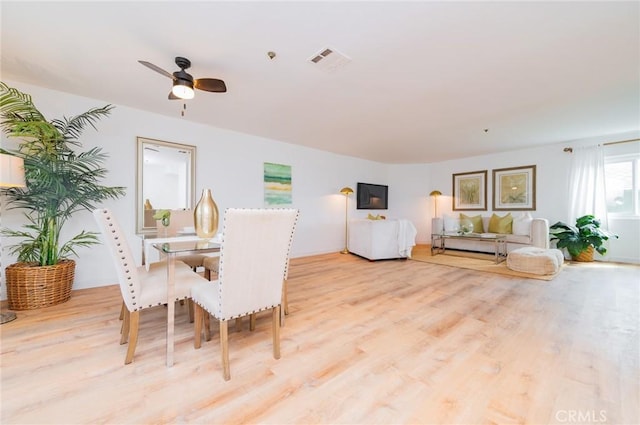 dining area featuring ceiling fan, light wood finished floors, and visible vents