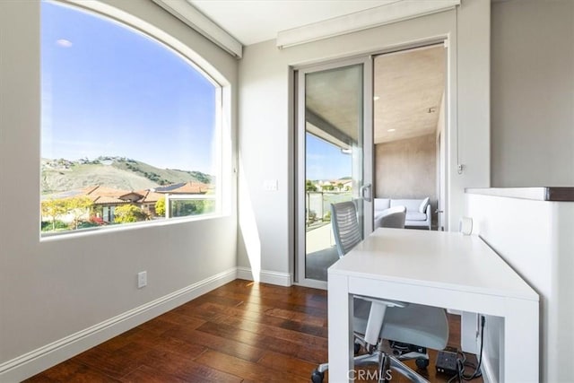 interior space with dark wood-style flooring, plenty of natural light, a mountain view, and baseboards