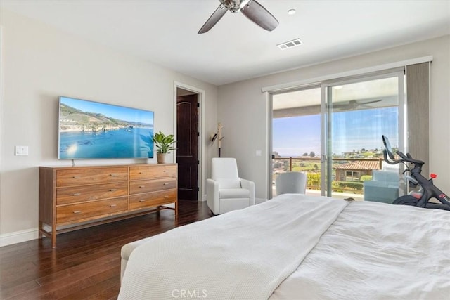 bedroom featuring ceiling fan, visible vents, baseboards, access to exterior, and dark wood-style floors