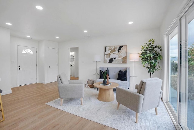 living room featuring light wood-type flooring, a healthy amount of sunlight, and recessed lighting