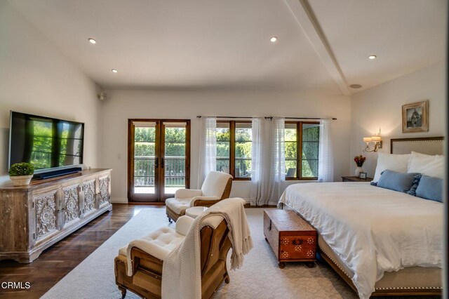 bedroom with access to outside, lofted ceiling with beams, recessed lighting, french doors, and wood finished floors