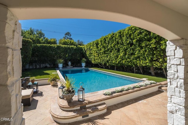 view of pool featuring a fenced in pool, a patio area, and a fenced backyard
