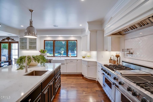 kitchen featuring custom range hood, a sink, double oven range, and a wealth of natural light