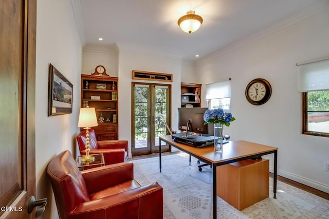 office space with baseboards, ornamental molding, recessed lighting, wood finished floors, and french doors