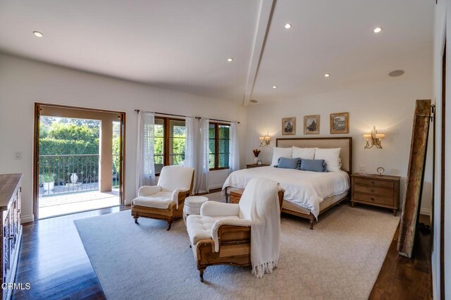 bedroom featuring beam ceiling, access to exterior, recessed lighting, and dark wood-style floors