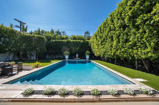 view of pool featuring a fenced backyard, a fenced in pool, a patio area, and a lawn
