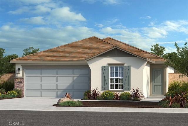 view of front facade with concrete driveway, an attached garage, and stucco siding