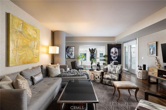 living room with dark wood-style floors