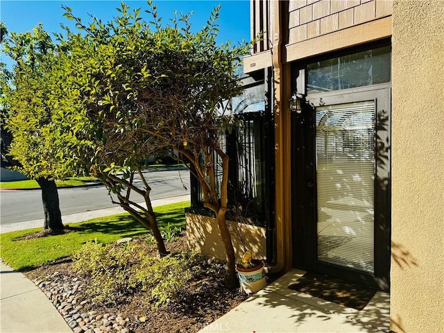 view of exterior entry with stucco siding