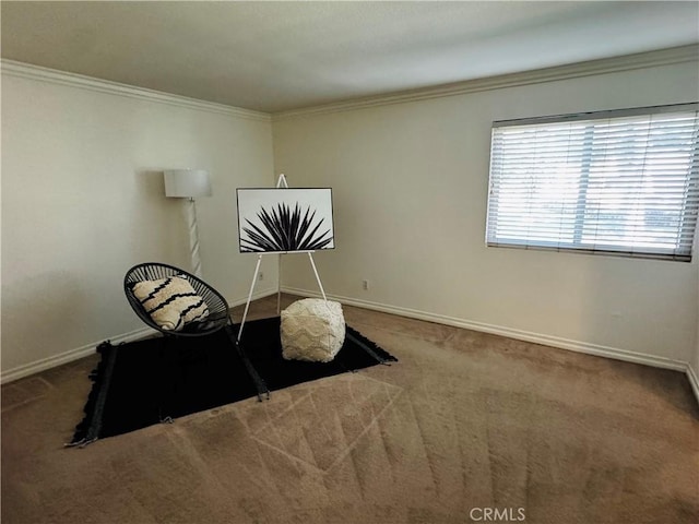 interior space featuring carpet floors, baseboards, and ornamental molding