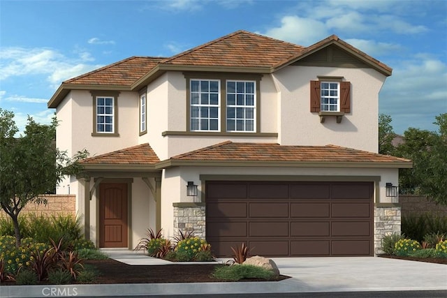 view of front of house featuring stucco siding, fence, a garage, stone siding, and driveway