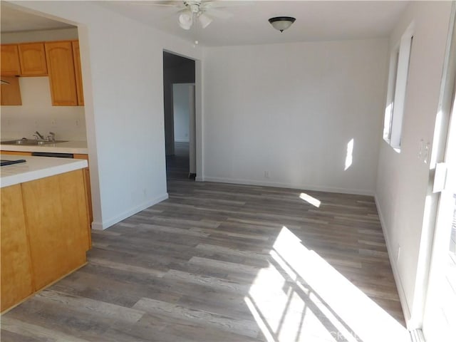 14370 Ridge Rd, Clearlake, CA 95422 - kitchen with dark wood-style floors, light countertops, a sink, and baseboards