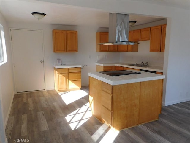 14370 Ridge Rd, Clearlake, CA 95422 - kitchen with black electric stovetop, wood finished floors, a kitchen island, light countertops, and island exhaust hood