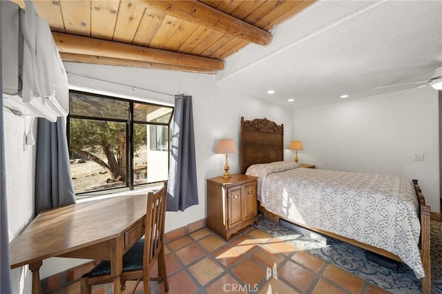 bedroom with beam ceiling, wood ceiling, and recessed lighting