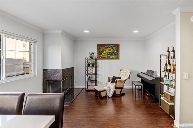 living area with dark wood-style floors, baseboards, ornamental molding, and a high end fireplace