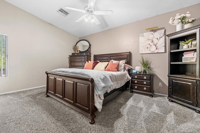 bedroom featuring a ceiling fan, baseboards, visible vents, and carpet flooring