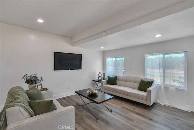 living room featuring recessed lighting, baseboards, and wood finished floors