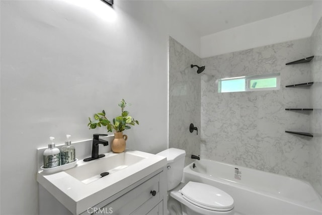 full bath with toilet, vanity, and bathing tub / shower combination