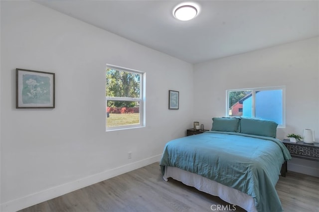 bedroom featuring multiple windows, wood finished floors, and baseboards