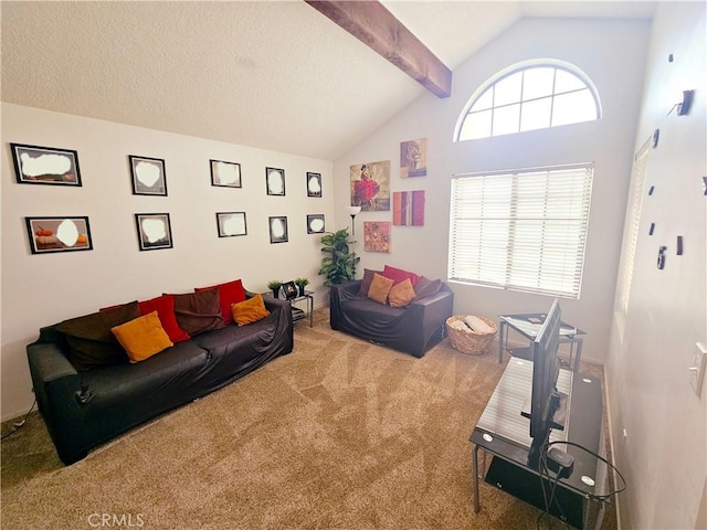 carpeted living room featuring lofted ceiling with beams and a textured ceiling