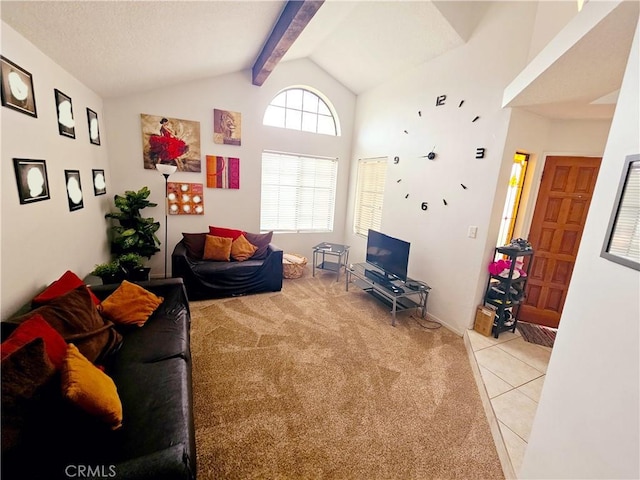 living area with light carpet, light tile patterned flooring, and vaulted ceiling with beams