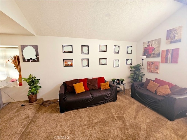 carpeted living room with vaulted ceiling and a textured ceiling