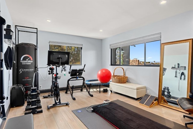 workout area featuring wood finished floors, a wealth of natural light, and recessed lighting