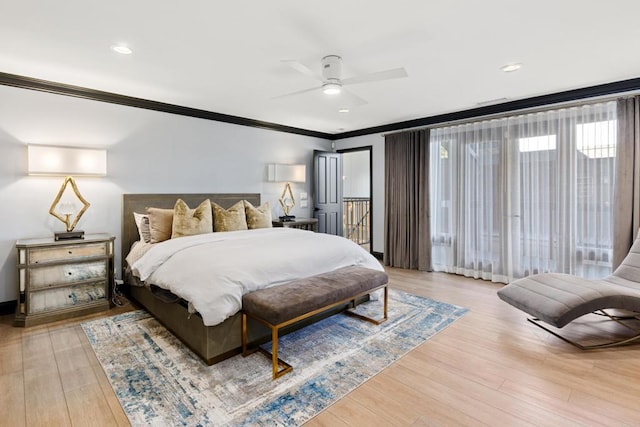 bedroom with ornamental molding, ceiling fan, light wood finished floors, and recessed lighting