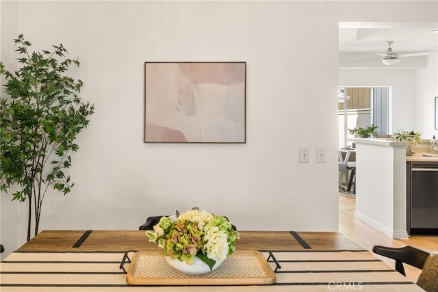 living room with light wood-style floors and ceiling fan